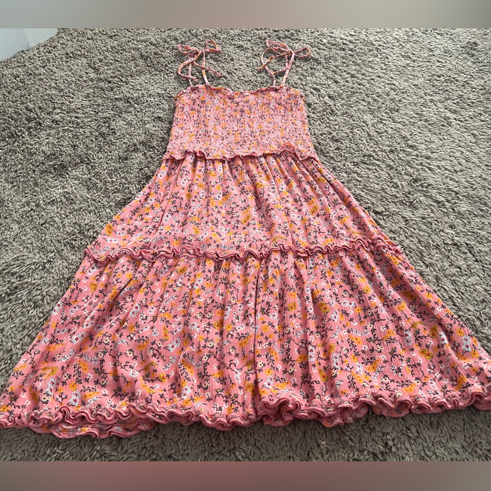 Wild Fable Pink and Orange Micro Floral Tiered Mini Sundress W/ Smock Detail. S. - Picture 6 of 12